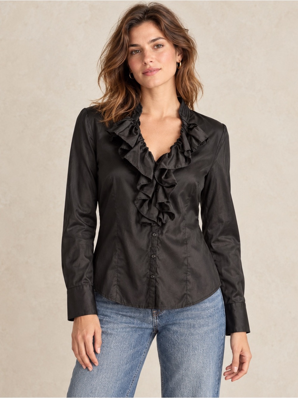 LOFT Black Ruffle Front Button-Down Blouse Size 12